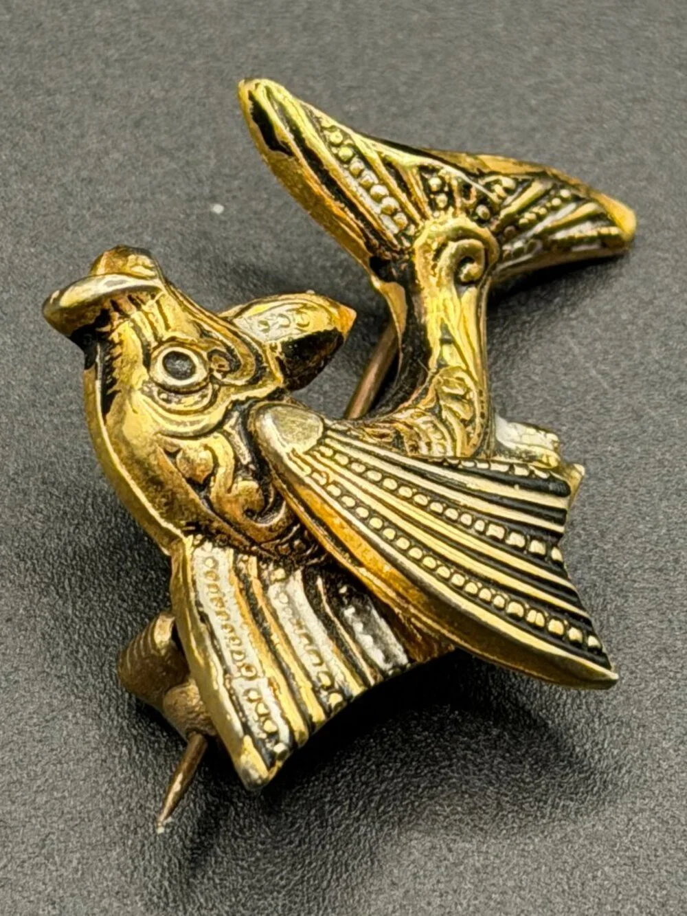 Set Of 2 Damascene Made in Spain Brooch Pins Flower Flying Fish Gold Black White